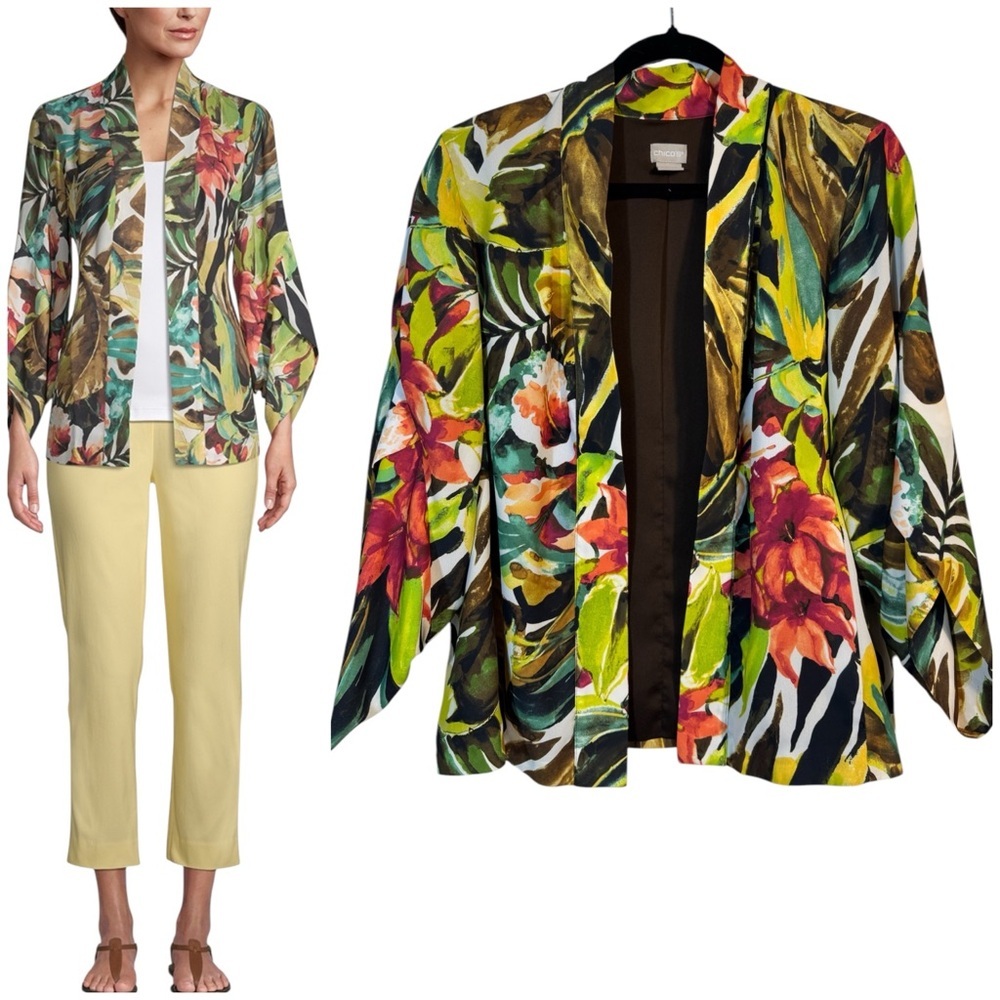 Chico's Tropical-Print Tulip-Sleeve Kimono Jacket Women's Sz8-10. w/pockets